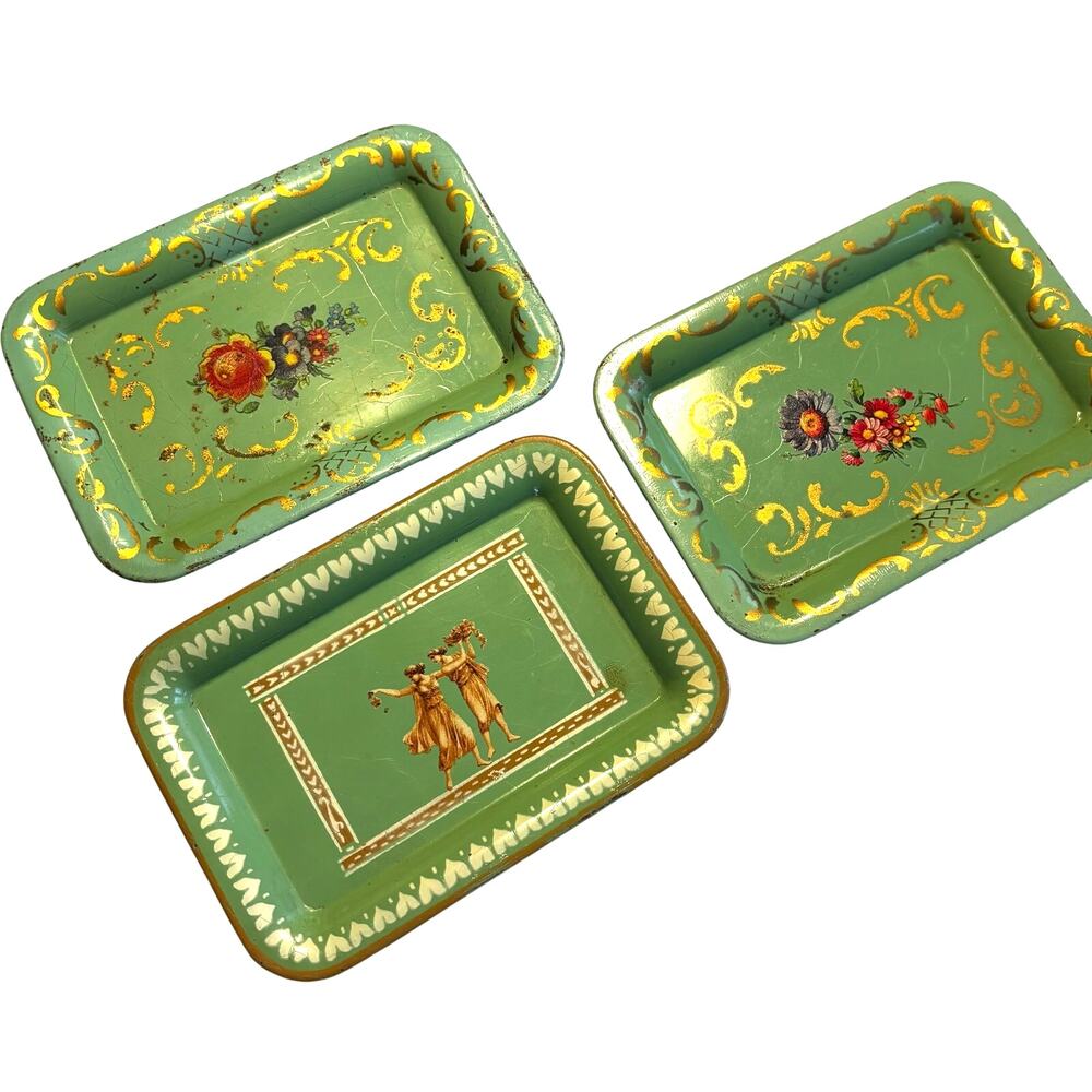 Vintage Metal Tip Trays assortment of three (3) green tins floral & Grecian